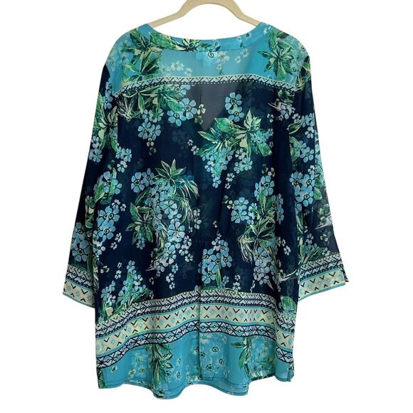 J. Jill Blue Green Floral Tunic Top Sheer V-Neck Blouse Size L Chiffon 3Q Sleeve - Picture 3 of 6